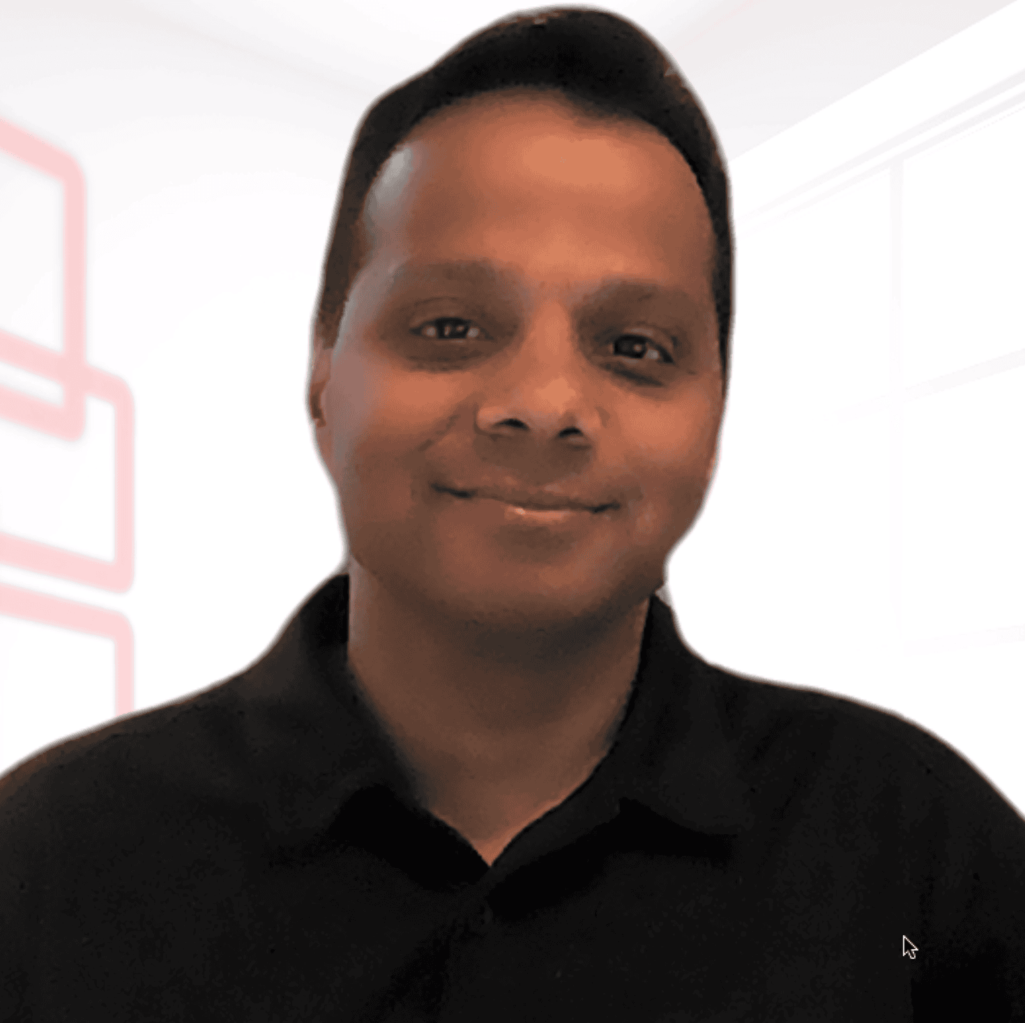 A person in a black shirt with dark hair with a white background