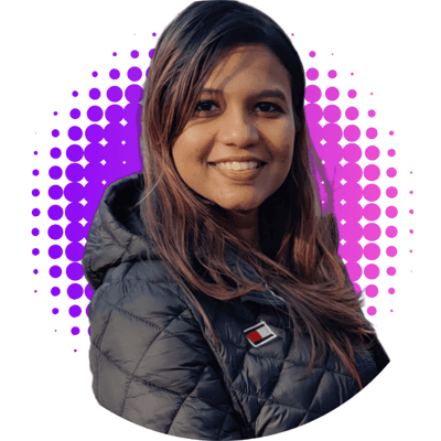 A person wearing a quilted, dark-colored jacket is shown from the shoulders upward. The background features a circular pattern of purple and pink dots that gradually change in size, creating a graphic backdrop. The person’s hair is long and partially visible over the jacket.