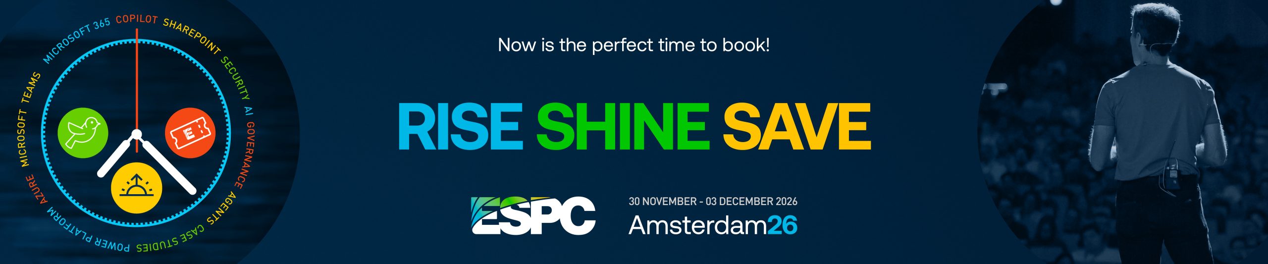 Early Bird Ticket promotion graphic showing the dial of a watch and the phrase " Rise, Shine, Save"