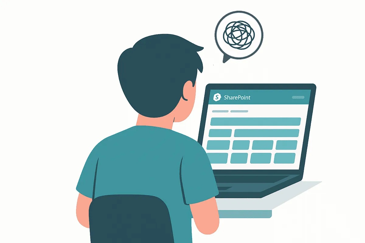 Man looking at laptop screen with SharePoint on it