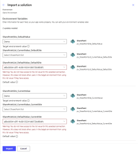 Power Platform environment variables, default vs current values