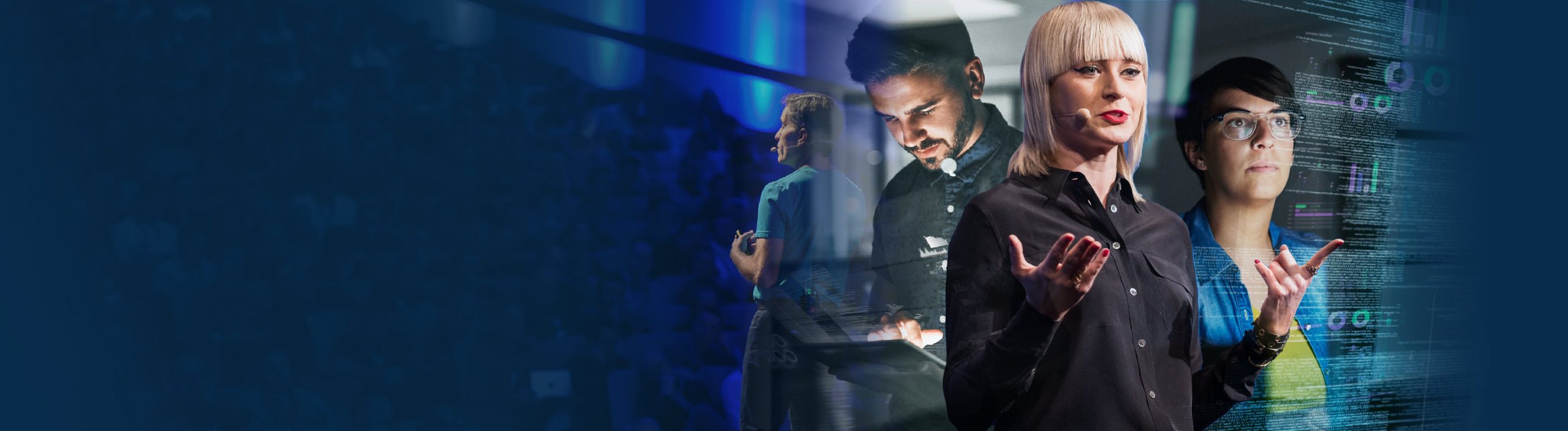 ESPC.tech homepage banner canvas featuring keynote speakers and delegates